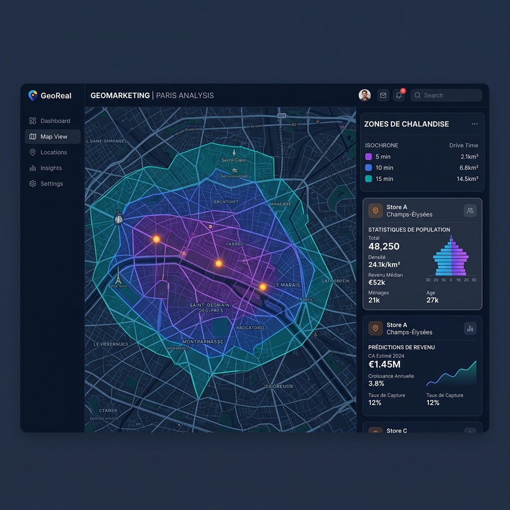 Interface du tableau de bord cartographique SAD Interactive montrant l'analyse d'une zone de chalandise